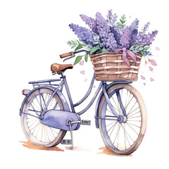 Fototapeta na wymiar Violet Bicycle Whimsical Watercolor Illustration of Lavender Flowers and Botanical Beauty