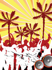 vector eps10 illustration of people silhouettes dancing under palm trees