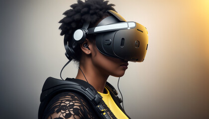 African American woman exploring a virtual reality metaverse with VR goggles in a sci-fi themed setting. Generative AI.