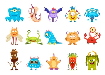 Fototapete Monster Cartoon cute funny monster characters and kids bizarre creatures, vector mutants. Silly monsters and alien animals troll, yeti and goblin with cheerful gremlin and cyclops or unicorn and furry fly