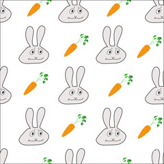Cartoon funny hare. sample- muzzle of a hare and a carrot on a white background. Seamless pattern for fabric, wrapping paper.
