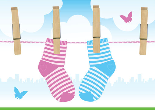 Vector illustration of a clothesline with clothes pins and baby socks. All vector objects and details are isolated and grouped. Colors and picture composition are easy to customize.
