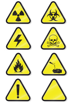 Vector illustration set of different hazmat warning signs. All vector objects and details are isolated and grouped. Colors and transparent background color are easy to adjust. Symbols are replaceable.