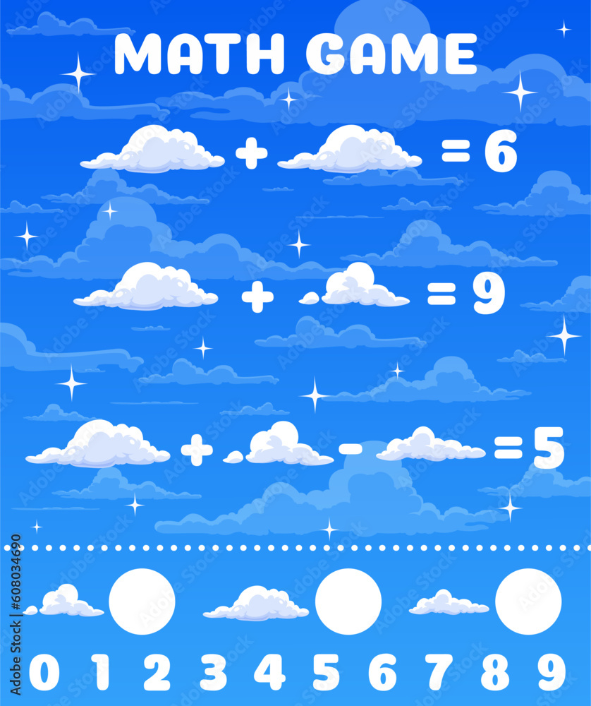 Poster cartoon clouds on blue sky math game worksheet. vector mathematics riddle for children education and