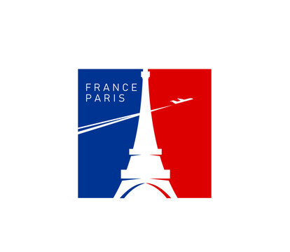 Paris Eiffel tower on France flag, French travel landmark and culture vector emblem. Paris Eiffel tower with flying plane icon for France tourism, tourist city trips and national day celebration