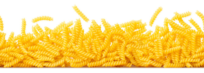 seamless tiling pasta border made of scattered Italian spiral shaped "fusilli" or "girandole" noodles isolated over a transparent background, cut-out vegetarian food design element, PNG