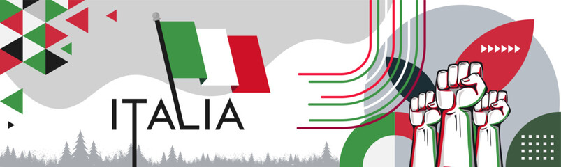 Italia national day banner design. Italian flag theme graphic art web background. Abstract celebration decoration raised fists, red white green color. Italy flag geometric vector illustration.