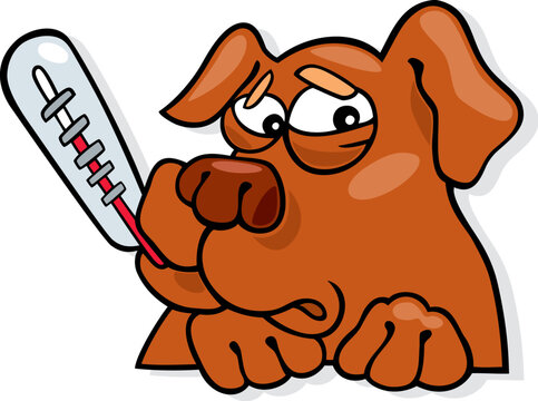 Cartoon illustration of ill dog with thermometer