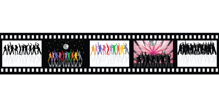 vector eps10 illustration of dancing people silhouettes on a film stripe