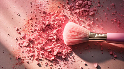 Makeup cosmetics, dry loose face shadows or blush, pink glitter background. Beauty concept, decorative professional products Generative AI