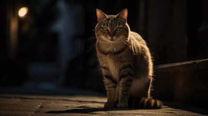 Obraz premium a cat at night on a street. Generative AI