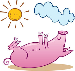 Illustration of happy little pig take sunbath