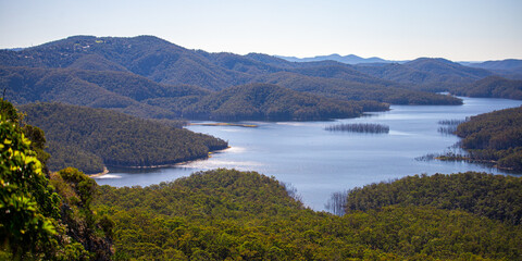 Panorama of advancetown lake and springbrook national park as seen from the top of pages pinnacle...