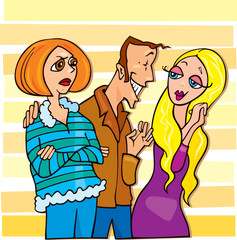 Cartoon illustration of man talking to cute blonde girl and his jealous wife