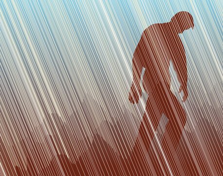 Editable vector illustration of a man walking in torrential rain