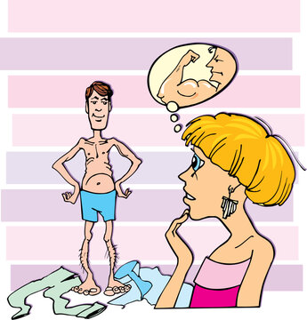 Cartoon illustration of disappointed woman and thin guy