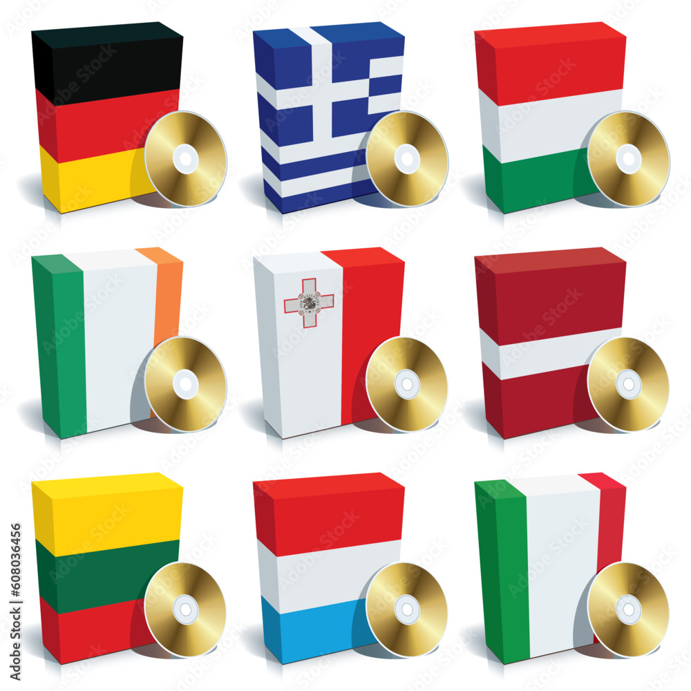 Poster software boxes with colors of national flags. europe set 2
