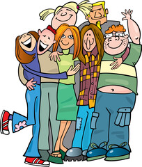 Illustration of school teens group giving a hug