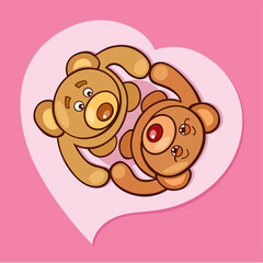 Cartoon vector illustration of two teddy bears in love with heart