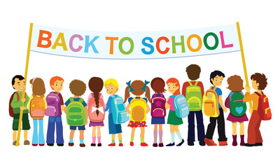 Fototapeta premium Group of elementary school pupils standing with large banner.