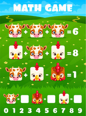 Rooster, hen and cow square animal faces. Math game worksheet. Vector mathematics riddle for children arithmetic learning. Development of calculation skills, puzzle task with farm fowl and cattle