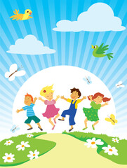 Children with smiling faces are playing, jumping and dancing.