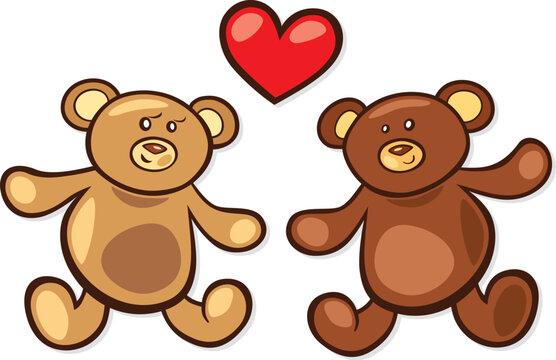 Cartoon vector illustration of two teddy bears in love with heart