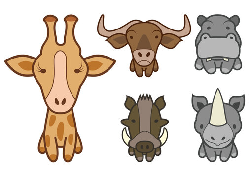 Vector set of different cartoon wild or zoo animals. All objects and details are grouped. Colors and transparent background color are easy to adjust.
