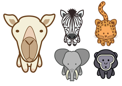Vector set of different cartoon wild or zoo animals. All objects and details are grouped. Colors and transparent background color are easy to adjust.
