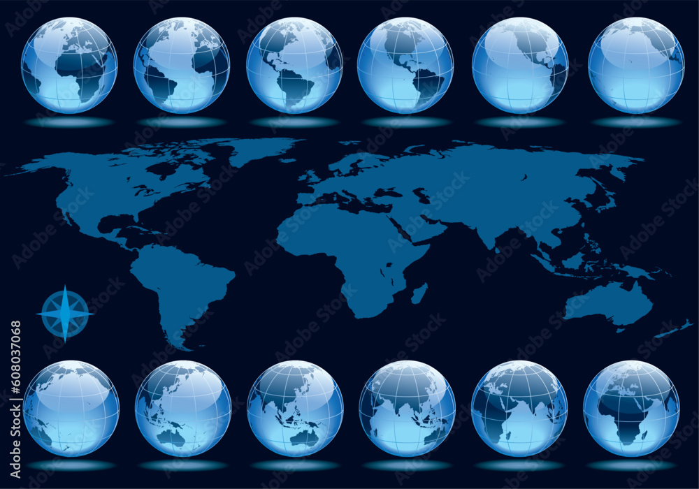 Poster set of 12 globes showing earth rotation in every two hours period