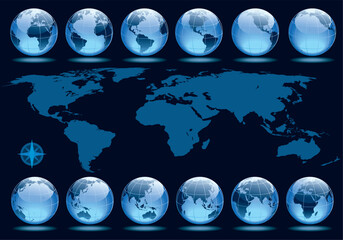 Set of 12 globes showing earth rotation in every two hours period