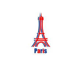 Fototapeta na wymiar Paris Eiffel Tower icon with french travel landmark vector silhouette. Romantic tours of France, Paris city architecture iron monument isolated symbol with abstract Eiffel Tower in blue and red colors