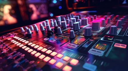 Fototapeta na wymiar Sound panel for working in the studio and on TV projects. Close-up of the Mixing console. mixing knobs. mix musical tracks on techno party in night club. blurred concept, Generative AI illustration