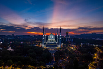 Aerial view of Masjid Sultan Salahuddin Abdul Aziz Shah - The Blue Mosque during sunset. Biggest...