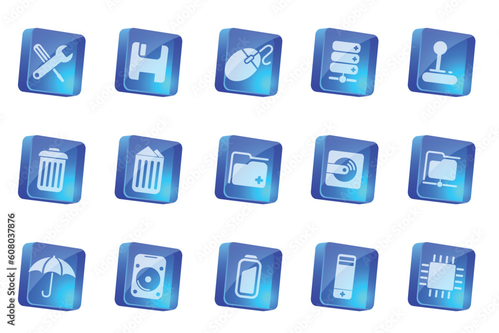 Poster computer and data icons blue transparent box series