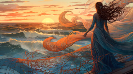Woman in flowing blue and red dress looking out to sea at sunrise, painting. Generative AI - obrazy, fototapety, plakaty