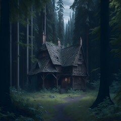 house in the woods, created by generative AI tool.