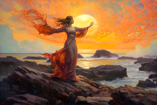 Woman with arms uplifted and wind blown red dress standing on rocky seashore in early morning dawn, fiery sky, landscape, seascape, Celtic. Generative AI