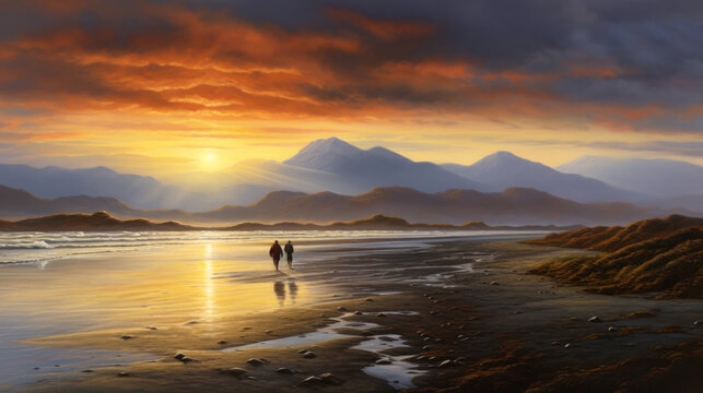 Two figures walking on an empty seashore landscape at dawn, Celtic. Generative AI