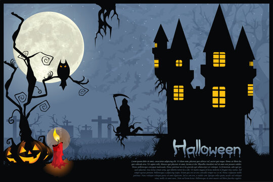 illustration of dark scary halloween night with haunted house and burning candle