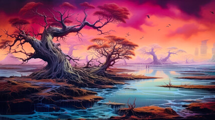 Fototapeta na wymiar Stylized trees by water in empty Celtic landscape, fantasy painting. Generative AI