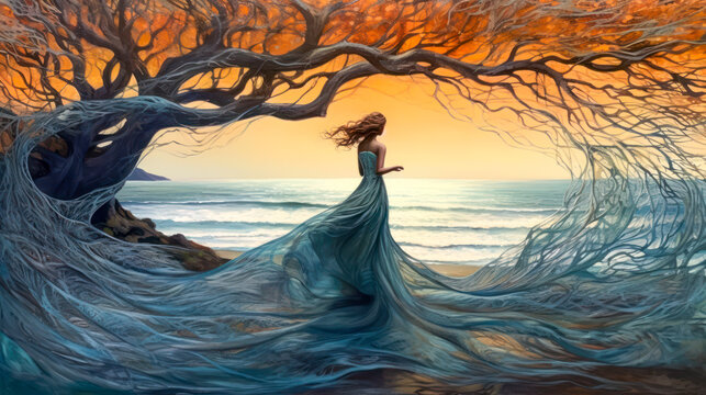 Woman with flowing blue dress merging with tree branches, early morning dawn, landscape, Celtic. Generative AI
