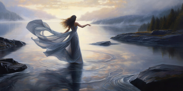 Woman in white flowing dress standing in lake water, dancing, posing, magical, early morning. Generative AI