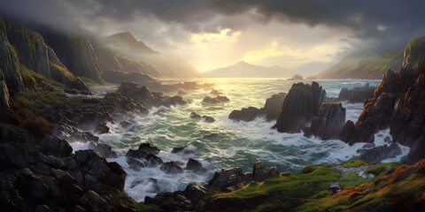 Fototapeta na wymiar Rocky early morning cliffs landscape, crashing waves, Ireland, Celtic. Generative AI