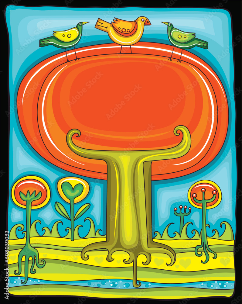 Poster beautiful autumn landscape with big tree and colorful birds. you can put your text inside of the tre