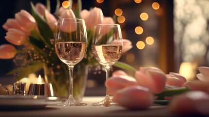 Pink fresh tulips and champagne glasses on the table, romantic dinner concept. Wedding, Birthday celebration. Love and romance theme.  - obrazy, fototapety, plakaty