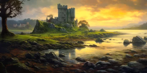 Fotobehang Grijs Old castle ruins on seashore in early morning misty dawn, empty landscape painting, Celtic. Generative AI