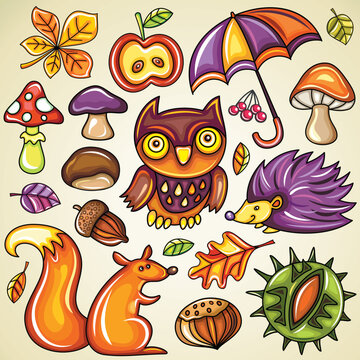 Vector set of colorful autumnal objects: leaf, umbrella, apple, mushrooms,  owl, berries, chestnut, hazelnut, hedgehog, squirrel, acorn, fly agaric