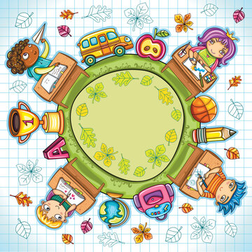 Colorful round composition, with cute schoolchildren and school design elements. with space for your text.