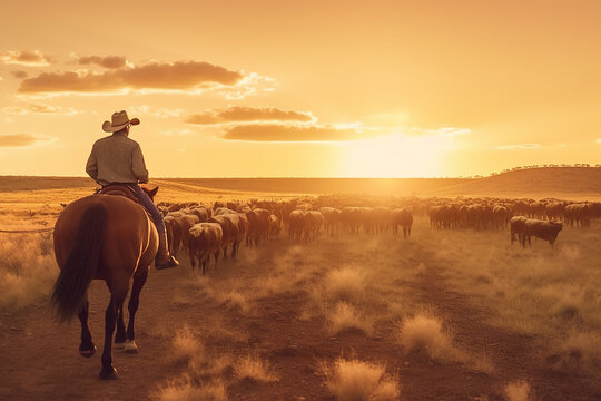 Australian outback landscape with man on horse herding cattle along a dusty paddock at sunset.  Generative AI